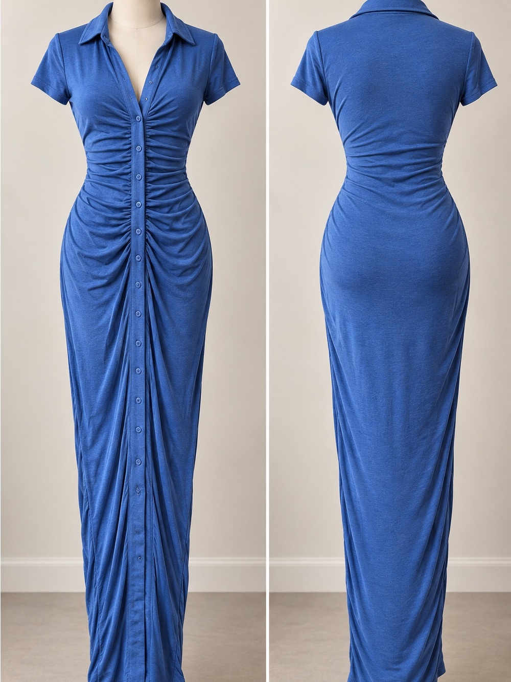 Fashion Nova Royal Blue Ruched Button-Front Maxi Dress